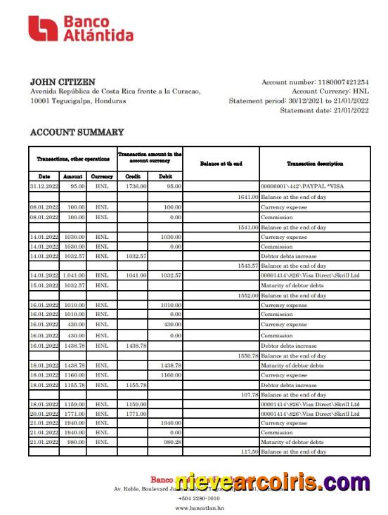 Honduras Banco Atlantida statement